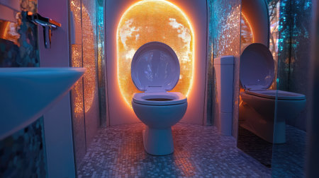 This stunning bathroom image showcases a stylish toilet with modern lighting and unique design elements, creating an inviting and calming atmosphere for relaxation and comfort.の素材