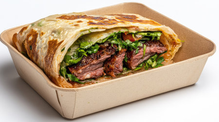 A mouthwatering grilled beef wrap featuring crisp lettuce and juicy tomato, beautifully presented in an eco-friendly container, ideal for food photography and marketing.の素材