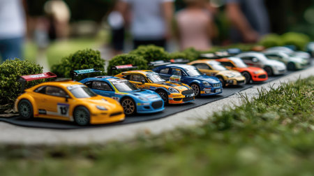 A captivating display of colorful scale model racing cars lines a vibrant lawn, showcasing detailed craftsmanship among neatly trimmed bushes, perfect for collectors and auto enthusiasts.の素材
