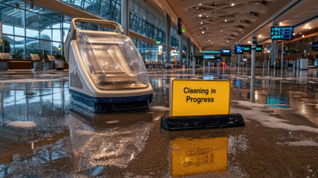 A modern airport terminal showcasing a cleaning machine on wet floors, highlighting maintenance efforts with a caution sign, ensuring safety and cleanliness for travelers.の素材