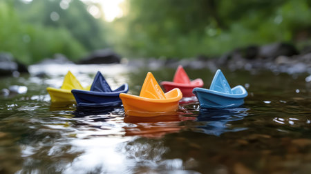 A serene scene of colorful toy boats floating gently on a calm stream, surrounded by vibrant greenery, embodying childhood joy and the essence of play in nature.の素材