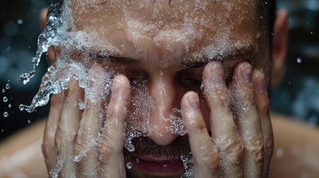 A close-up image of a man washing his face with water, capturing the serene moment as droplets splash off his hands, showcasing relaxation and personal care.の素材