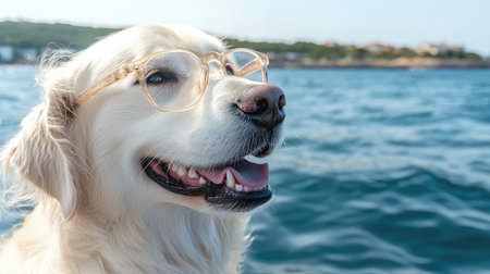 A cheerful golden retriever with stylish glasses enjoys a sunny boat ride, embodying the joy of summer adventures with a picturesque water backdrop.の素材