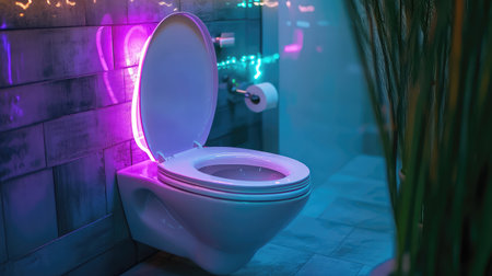 Explore a modern toilet design illuminated by vibrant neon lights, creating a unique atmosphere in a stylish bathroom. Ideal for those seeking contemporary interior inspiration.の素材