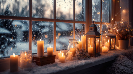 A serene winter evening scene featuring glowing candles and lanterns by a window, with soft snowfall outside, creating a warm and cozy atmosphere perfect for relaxation.の素材
