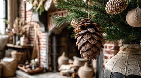 Discover a cozy living room adorned with natural elements, featuring a pine cone ornament and handcrafted pottery, creating a warm and inviting atmosphere perfect for the season.の素材