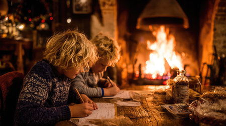Two children sit closely at a wooden table, writing heartfelt letters by a glowing fireplace in a rustic cabin, capturing the warmth and joy of the holiday season.の素材