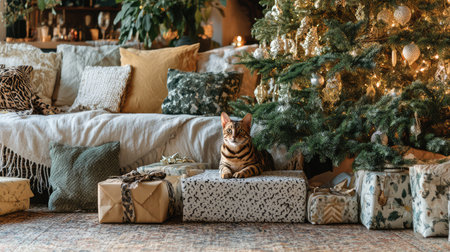 A playful cat rests among colorful cushions in a cozy living room adorned with a beautifully decorated Christmas tree and wrapped gifts, creating a festive atmosphere.の素材