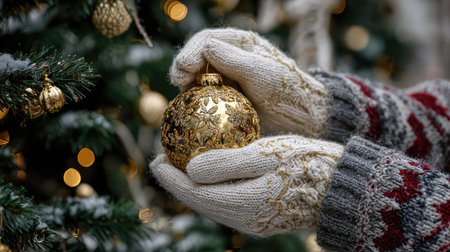 A close-up view of a hand wearing a cozy glove gently holding a beautiful golden Christmas ornament, surrounded by a decorated tree glowing with warm lights.の素材