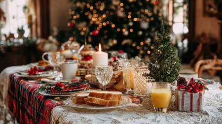 A beautifully arranged holiday table featuring delicious foods and drinks, decorated with Christmas lights and ornaments, creating a warm and festive atmosphere.の素材