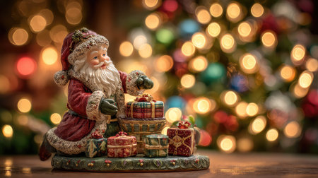 Festive Santa Claus figurine joyfully arranging colorful gifts amidst a backdrop of soft, glowing lights that capture the essence of holiday cheer and warmth.の素材