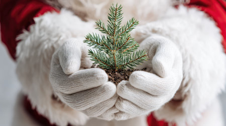 Santa Claus holds a small green evergreen tree, symbolizing hope and renewal. This festive scene captures the joy and warmth of the holiday season, celebrating nature's beauty.の素材