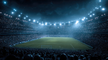 A breathtaking view of a crowded football stadium illuminated by bright lights at night, capturing the thrilling atmosphere of a major sports event and enthusiastic fans.の素材