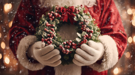 A heartwarming scene of Santa Claus holding a beautifully decorated Christmas wreath, perfect for capturing the festive spirit and warmth of the holiday season.の素材