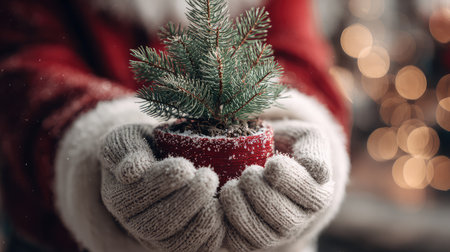 A heartwarming Christmas scene showcasing hands in cozy gloves cradling a small potted Christmas tree against a backdrop of soft glowing lights.の素材