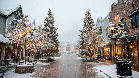 A picturesque winter scene featuring snowy streets lined with evergreen trees and festive lights, creating a tranquil and cozy atmosphere perfect for holiday celebrations.の素材