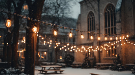 A captivating winter evening scene featuring a historic courtyard adorned with glowing string lights, creating a warm and inviting atmosphere amidst gentle snowfall.の素材