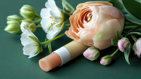 A beautiful arrangement featuring a soft pink rose, delicate flowers, and natural lip balm on a green background, perfect for beauty and skincare themes.の素材