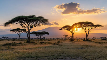 Stunning display of a sunset illuminating the African savannah, featuring acacia trees in silhouette and Kilimanjaro mountain in the background, showcasing nature's remarkable beauty.の素材