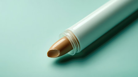 A detailed close-up of a creamy nude lipstick placed on a turquoise surface, showcasing the product's design, texture, and color ideal for beauty enthusiasts.の素材