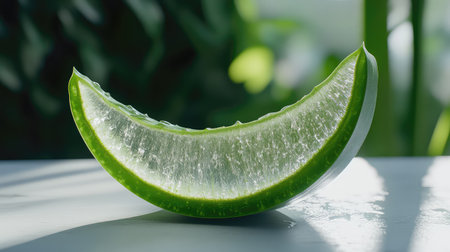 A vibrant green slice of aloe vera showcases its juicy, transparent interior under natural light, highlighting its fresh appeal for health and wellness uses.の素材