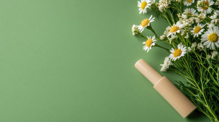 An elegant arrangement featuring fresh daisies and an eco-friendly cosmetic bottle on a soft green background, ideal for themes of natural beauty and sustainability.の素材