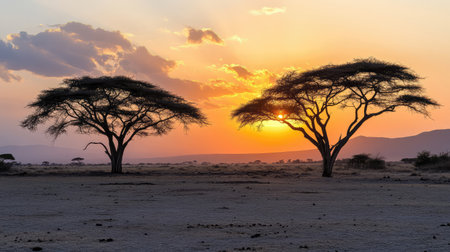 A breathtaking scene showcasing two acacia trees standing majestically as the sun sets behind them, creating a serene and tranquil atmosphere in an African savanna landscape.の素材
