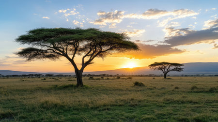 A beautiful sunset illuminates the African savanna, featuring silhouetted acacia trees against a vibrant sky. Perfect for nature and travel themes, showcasing tranquility and natural beauty.の素材