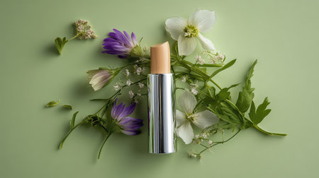 A sleek skincare product surrounded by delicate flowers on a soothing green backdrop, emphasizing a harmonious blend of nature and beauty for health-conscious consumers.の素材