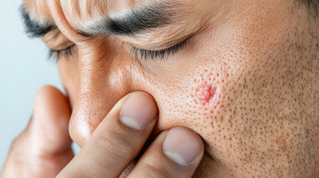 A young man displays concern while touching a pimple on his face, emphasizing skin issues and the emotional impact of acne in personal grooming and skincare routines.の素材