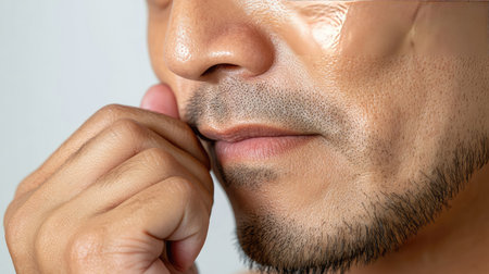 This close-up portrait captures a thoughtful man displaying emotional depth through his facial features, hand gesture, and serene expression in a beautifully lit environment.の素材