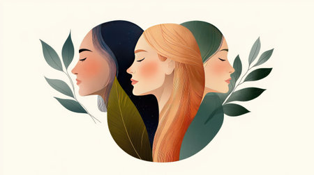 This stunning illustration showcases three women in profile, each with a unique hair color and surrounded by elegant leaves, emphasizing diversity and harmony.の素材