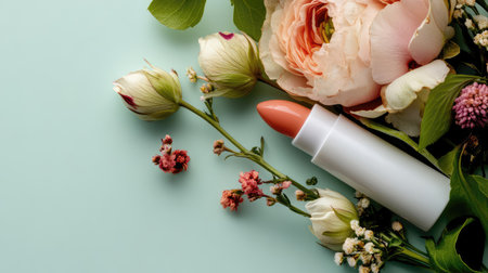 This image beautifully showcases a lipstick beside fresh flowers, creating a delicate and charming aesthetic ideal for beauty and cosmetics presentations.の素材