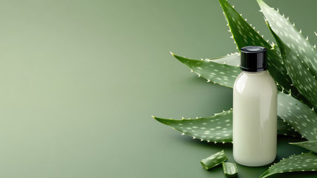 This image features a sleek bottle of natural aloe vera gel beside fresh aloe leaves, set against a soft green background, perfect for beauty and wellness marketing campaigns.の素材