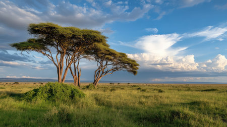 Captivating view of lush savannah with acacia trees against a backdrop of a dramatic sky, showcasing the serene beauty of nature during a calm afternoon.の素材