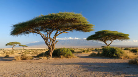 This captivating image showcases acacia trees set against the stunning Mount Kilimanjaro, capturing the beauty of an untouched African landscape bathed in sunlight.の素材
