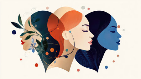 This artwork showcases three female profiles in warm and cool tones, symbolizing diversity and beauty while blending modern artistic styles and elements of nature.の素材