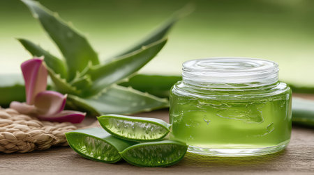 A vibrant display featuring fresh aloe vera gel in a jar with cut leaves and a pink orchid, emphasizing natural beauty, skincare, and the benefits of herbal wellness.の素材