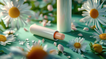 This image captures a refreshing lip balm tube elegantly placed among white daisies and delicate petals, set against a vibrant green background, ideal for beauty and skincare visuals.の素材