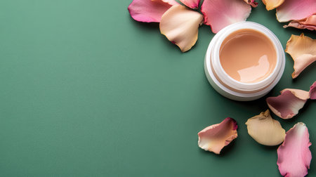 This delightful image features a creamy jar nestled among soft rose petals, set against a calm green backdrop, ideal for promoting natural beauty and skincare products.の素材