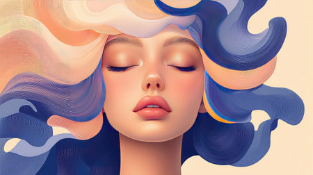 This captivating portrait features a woman with vibrant flowing hair, evoking a sense of beauty and tranquility in a modern artistic style. A stunning visual exploration of serenity.の素材
