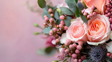 A beautiful floral arrangement with soft pink roses, delicate berries, and lush greenery set against a gentle pastel background, ideal for any romantic theme or celebration.の素材