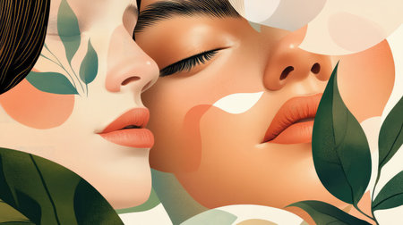 A captivating abstract illustration portraying two female profiles with an emphasis on beauty, nature, and harmony, enriched by soft colors and leafy elements, perfect for various creative projects.の素材