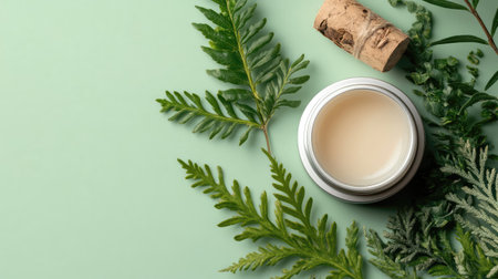 A calming composition featuring a jar of skincare cream surrounded by lush green fern leaves, perfect for marketing eco-friendly and natural beauty products.の素材