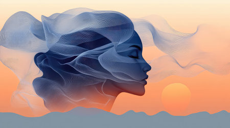 This stunning digital artwork features the ethereal silhouette of a woman with flowing hair, set against a calming sunset, creating a serene ambiance that inspires tranquility and beauty.の素材