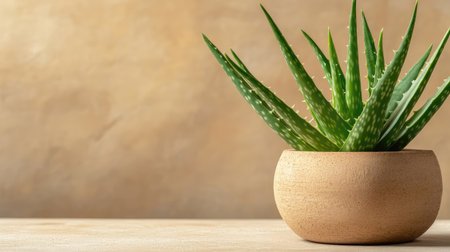 A stunning close-up of a fresh aloe vera plant in a wooden pot showcases its vibrant green leaves against a soft, textured beige background, ideal for wellness themes.の素材