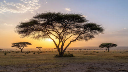 Breathtaking view of acacia trees silhouetted against a glowing sunset in the African savannah, showcasing the beauty and tranquility of natural landscapes.の素材