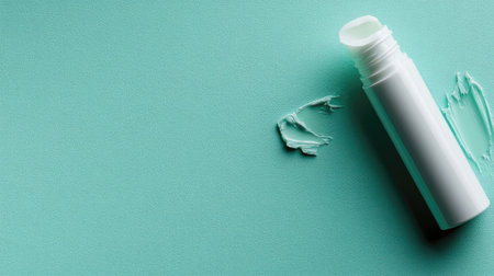A minimalistic approach to beauty featuring a moisturizing stick and cream on a soft mint background, highlighting modern skincare and eco-friendly lifestyle choices.の素材
