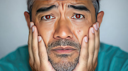 A close-up portrait of a man showing deep emotional distress, with hands on his face, capturing a moment of anxiety and vulnerability in a relatable expression.の素材