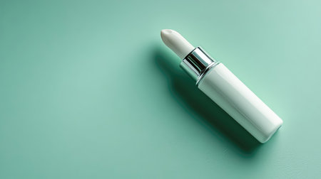Captivating image of an elegant white lipstick on a soft mint green surface, showcasing beauty makeup essentials with a modern minimalist touch perfect for fashion lovers.の素材
